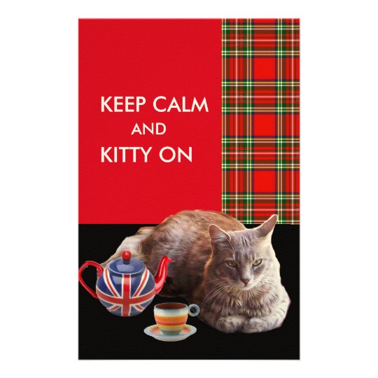 "KEEP CALM AND KITTY ON" ,RED TARTAN,CAT TEA PARTY STATIONERY