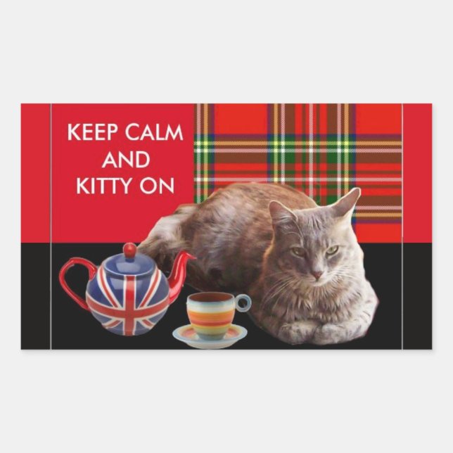 "KEEP CALM AND KITTY ON" ,RED TARTAN,CAT TEA PARTY STICKER (Front)