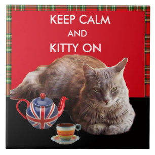 KEEP CALM AND KITTY ON ,RED TARTAN CAT TEA PARTY TILE
