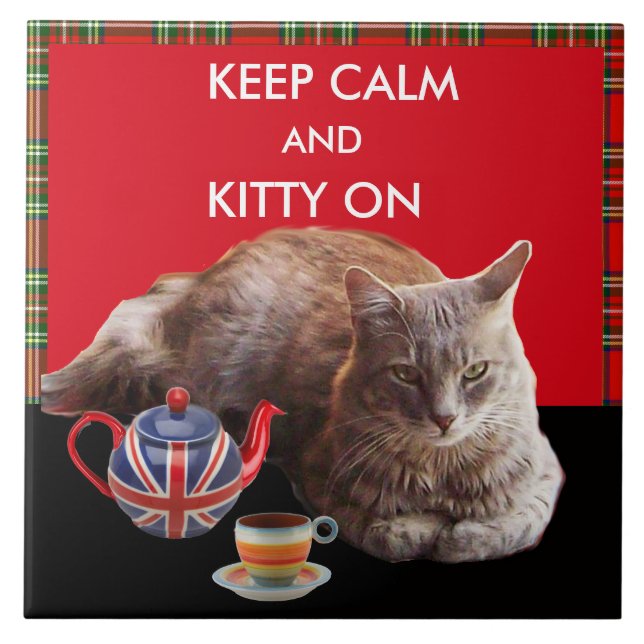 KEEP CALM AND KITTY ON ,RED TARTAN CAT TEA PARTY TILE (Front)