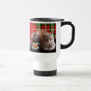 "KEEP CALM AND KITTY ON" ,RED TARTAN,CAT TEA PARTY TRAVEL MUG