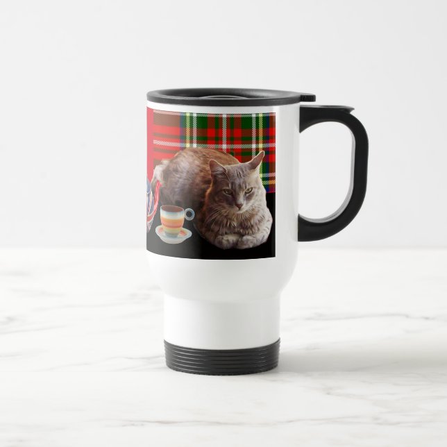 "KEEP CALM AND KITTY ON" ,RED TARTAN,CAT TEA PARTY TRAVEL MUG (Right)