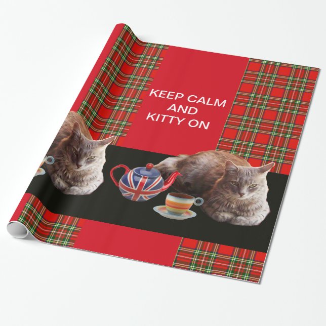 "KEEP CALM AND KITTY ON" ,RED TARTAN,CAT TEA PARTY WRAPPING PAPER (Unrolled)