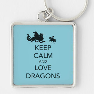 Keep Calm and Love Dragons Unique Print on Blue Keychain