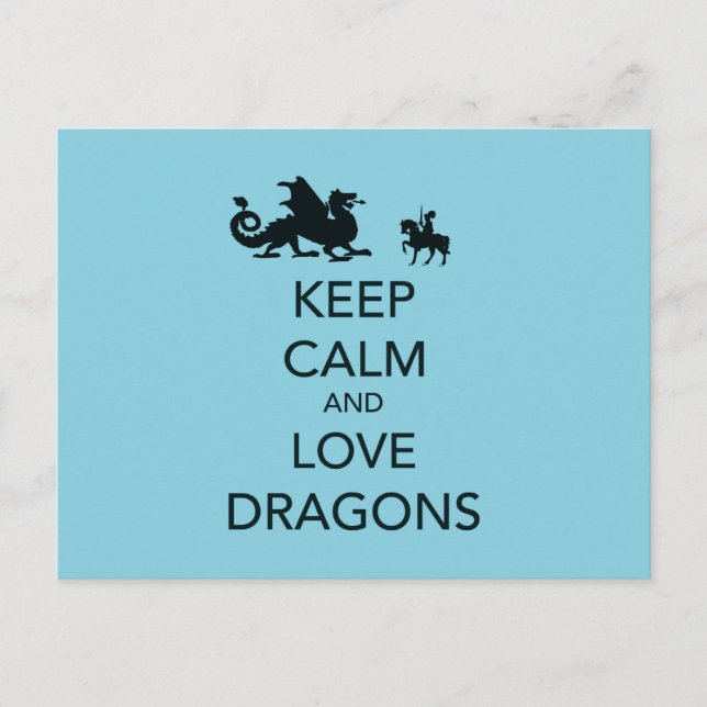 Keep Calm and Love Dragons Unique Print on Blue Postcard (Front)