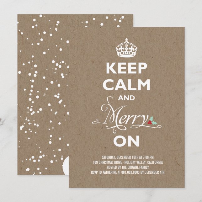 Keep Calm and Merry On Kraft Funny Holiday Party Invitation (Front/Back)