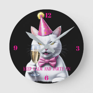 Keep Calm and Party On - Funny Cat Round Clock
