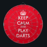 Keep calm and play darts funny custom dartboard<br><div class="desc">Keep calm and play darts funny custom dartboard. Personalize with your own funny parody. Trendy wall decor ideas for home,  pub,  car,  cafe,  restaurant,  man cave,  office and other places to relax. Modern typography template with crown. Red or custom background colour.</div>