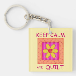 Keep Calm and Quilt Applique Flower Block Keychain