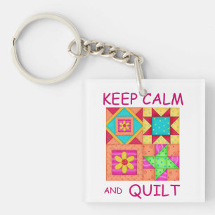 Keep Calm and Quilt Colourful Patchwork Blocks Keychain