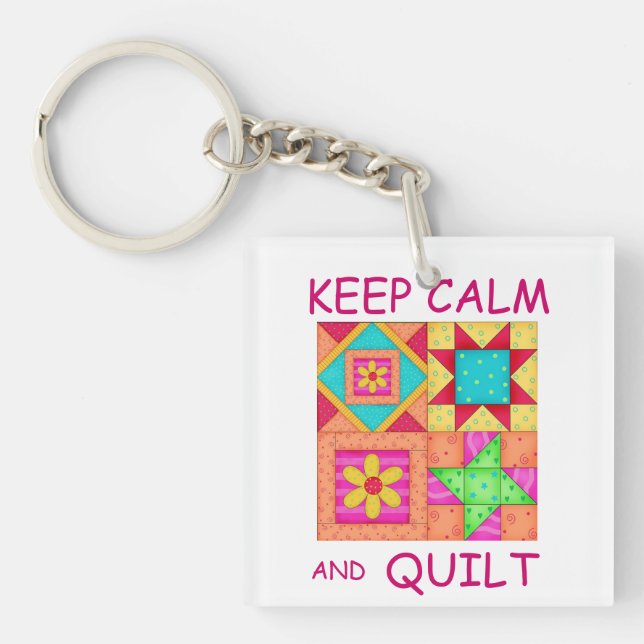 Keep Calm and Quilt Colourful Patchwork Blocks Keychain (Front)