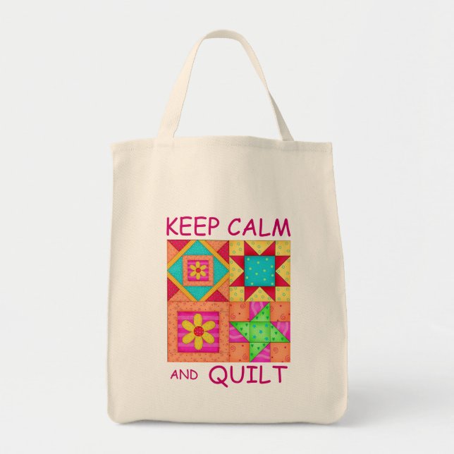 Keep Calm and Quilt Colourful Patchwork Blocks Tote Bag (Front)