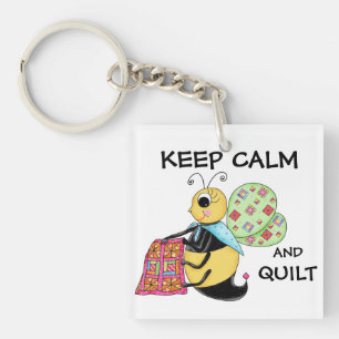 Keep Calm and Quilt Whimsy Honey Bee Art Keychain