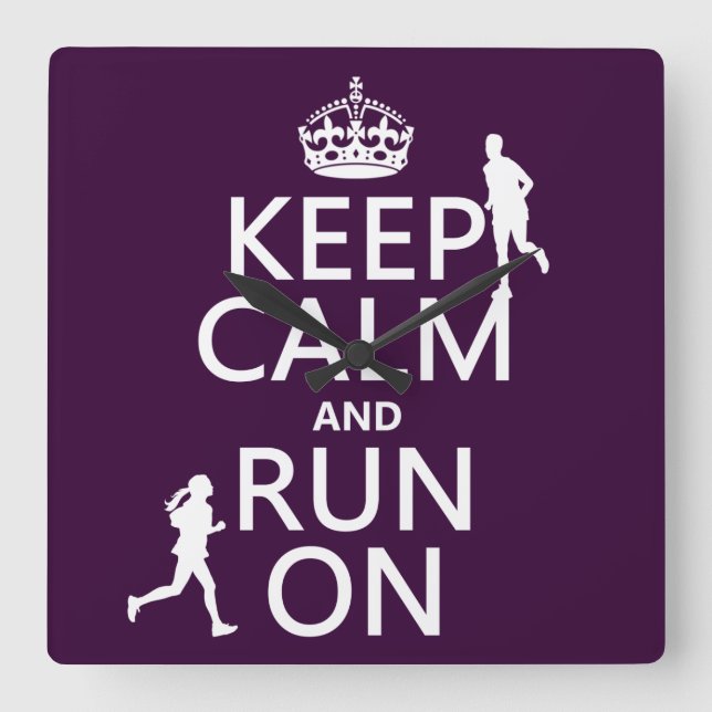 Keep Calm and Run On (customizable colours) Square Wall Clock (Front)