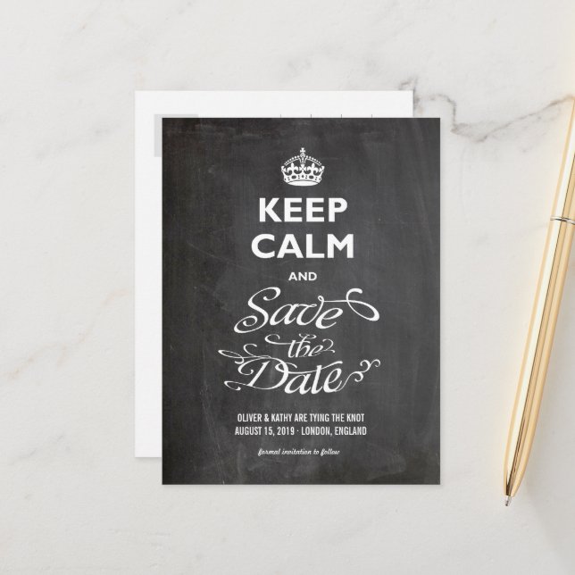Keep Calm And Save The Date Curly Script Funny Announcement Postcard (Front/Back In Situ)