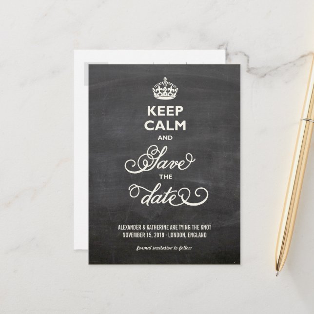 Keep Calm And Save The Date Retro Chalkboard Funny Announcement Postcard (Front/Back In Situ)