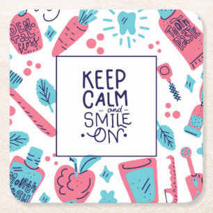 Keep Calm And Smile On   Cute Phrase Square Paper Coaster