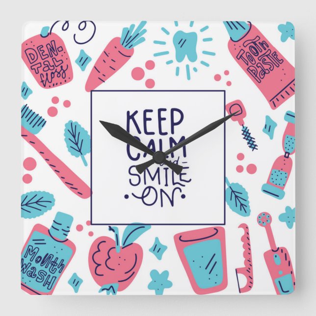 Keep Calm And Smile On | Cute Phrase Square Wall Clock (Front)