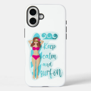 Keep calm and surf on brunette girl Card iPhone 16 Plus Case
