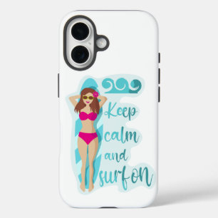 Keep calm and surf on brunette girl Card iPhone 16 Case