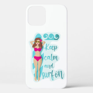 Keep calm and surf on brunette girl Card iPhone 12 Case
