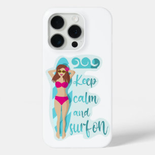 Keep calm and surf on brunette girl Card iPhone 15 Pro Case