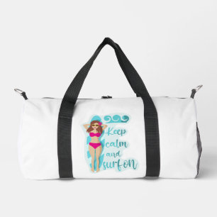 Keep calm and surf on brunette girl Card Duffle Bag