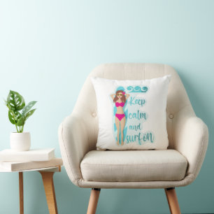 Keep calm and surf on brunette girl Card Throw Pillow