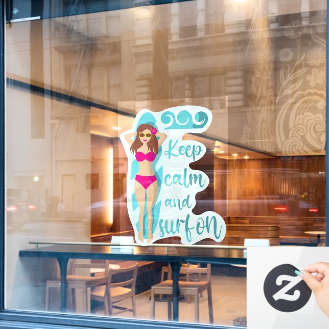 Keep calm and surf on brunette girl Card Window Cling (Cafe Window)