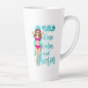Keep calm and surf on brunette girl latte mug