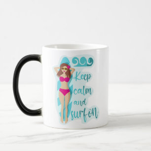 Keep calm and surf on brunette girl  magic mug