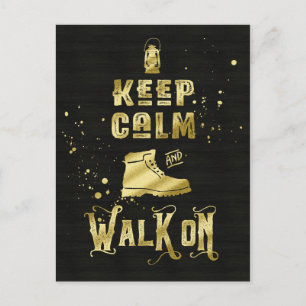 Keep Calm and Walk On Gold Hiking Boot Typography Postcard