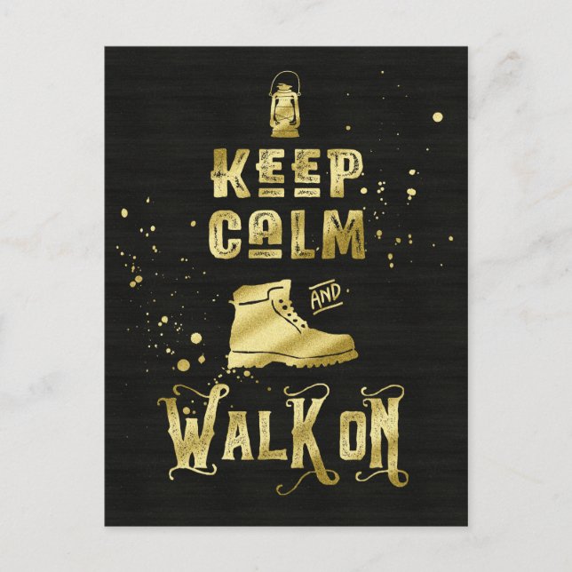 Keep Calm and Walk On Gold Hiking Boot Typography Postcard (Front)