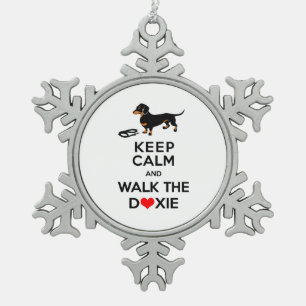 Keep Calm and Walk the Doxie - Cute Dachshund Snowflake Pewter Christmas Ornament