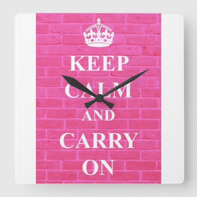 Keep Calm & Carry On Pink Square Wall Clock (Front)