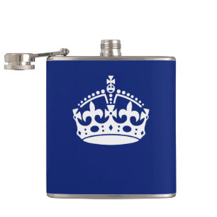 Keep Calm Crown Icon on Navy Blue Hip Flask