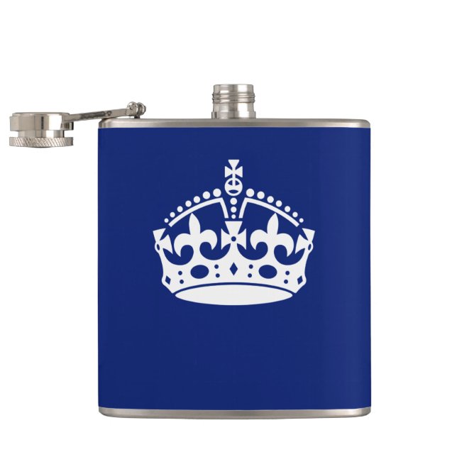 Keep Calm Crown Icon on Navy Blue Hip Flask (Opened)