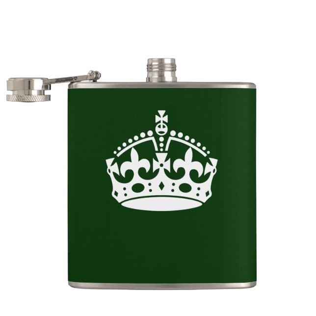 Keep Calm Crown on Forest Green Decor Hip Flask (Opened)