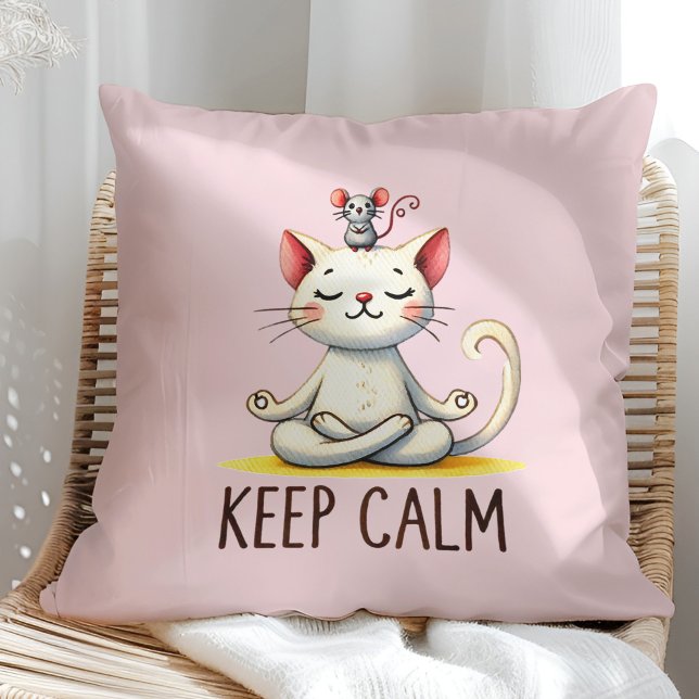 "Keep Calm" Funny Cat Lovers Throw Pillow ("Keep Calm" Funny Cat Lovers Throw Pillow on a sunny boho rattan chair.)