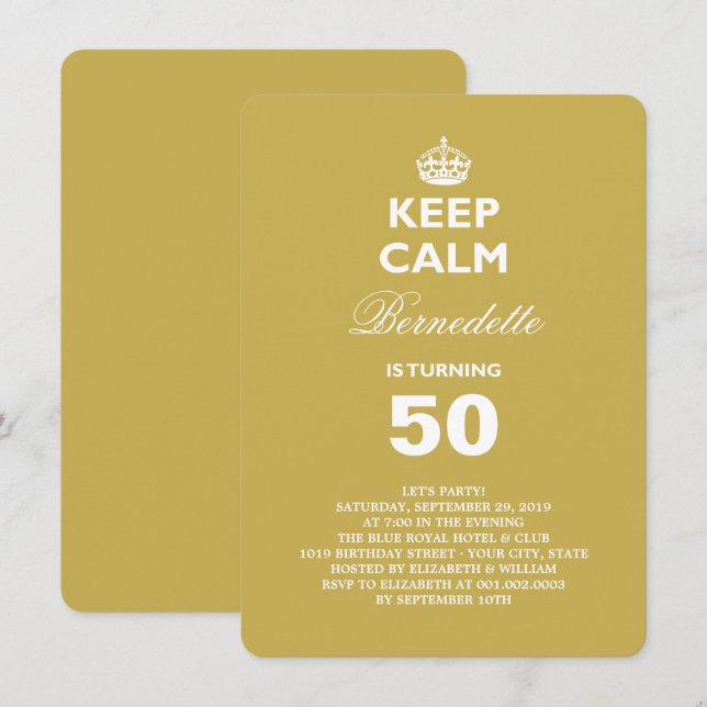 Keep Calm Gold Funny Milestone 50th Birthday Party Invitation (Front/Back)