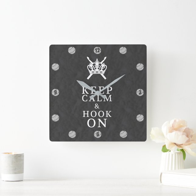 Keep Calm Hook On Crochet Craft Room Dark Square Wall Clock (Home)