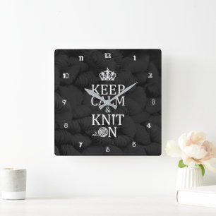 Keep Calm Knit On Craft Room Decor Dark Square Wall Clock