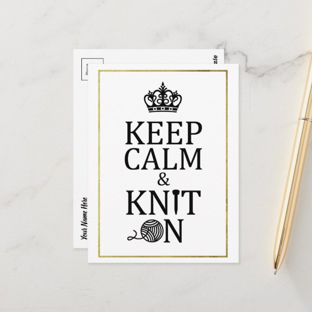 Keep Calm Knit On Faux Gold Border Crafts Postcard (Front/Back In Situ)