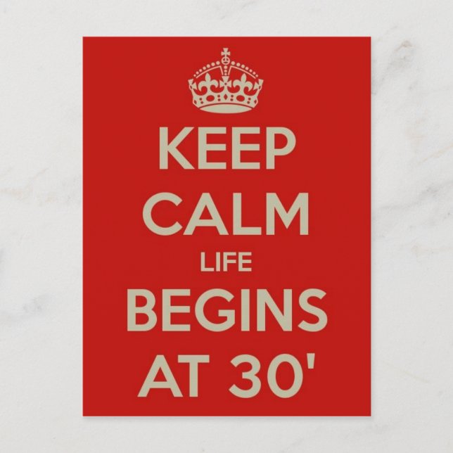 Keep calm life begins at 30 postcard (Front)