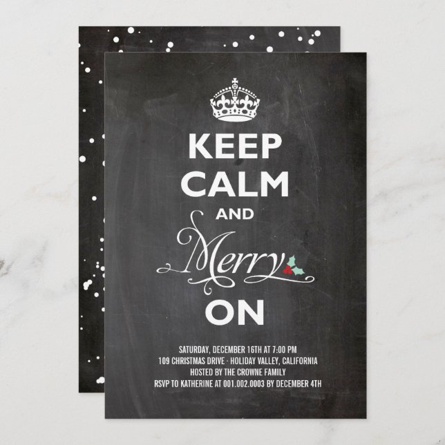 Keep Calm Merry On Chalkboard Holiday Party Invite (Front/Back)