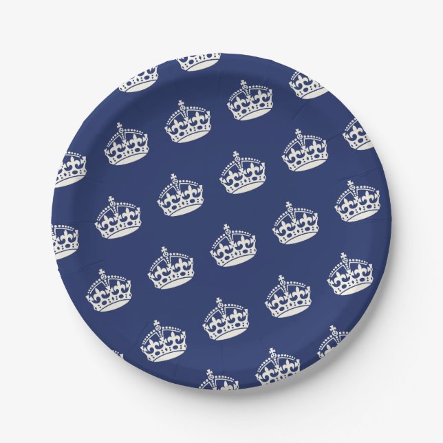 Keep Calm Navy Crown Birthday Party Paper Plates (Front)
