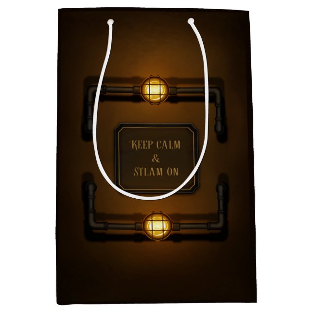 "Keep Calm & Steam On" Machine Age Steampunk Medium Gift Bag (Front)