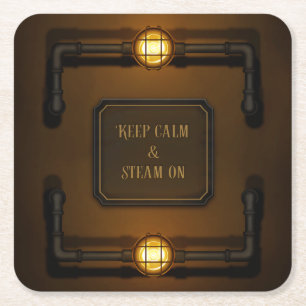 "Keep Calm & Steam On" Machine Age Steampunk Square Paper Coaster