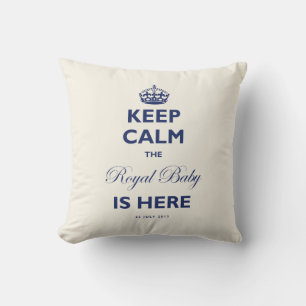 Keep Calm The Royal Baby Is Here White & Blue Text Throw Pillow