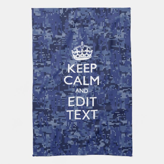 Keep Calm Your Text on Blue Digital Camouflage Kitchen Towel (Vertical)
